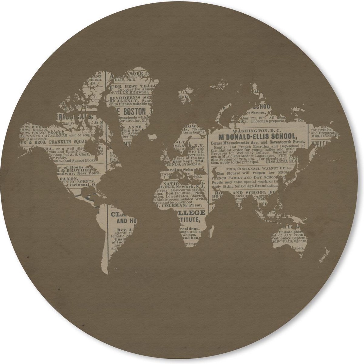 Muismat rond 50x50 cm - Mousepad Wereldkaart - Krant - Bruin - Ronde muismatten