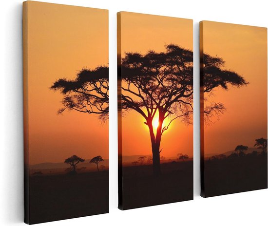 Artaza - Triptyque de peinture sur toile - Coucher de soleil derrière un arbre de la savane - 120x80 - Photo sur toile - Impression sur toile