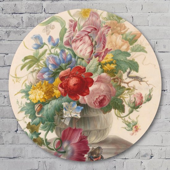 Muurcirkel ⌀ 50 cm - Bloemen in een glazen vaas met een vlinder - Herman Henstenburgh - ca. 1700 - Kunststof Forex - Bloemen en Planten - Rond Schilderij - Wandcirkel - Wanddecoratie