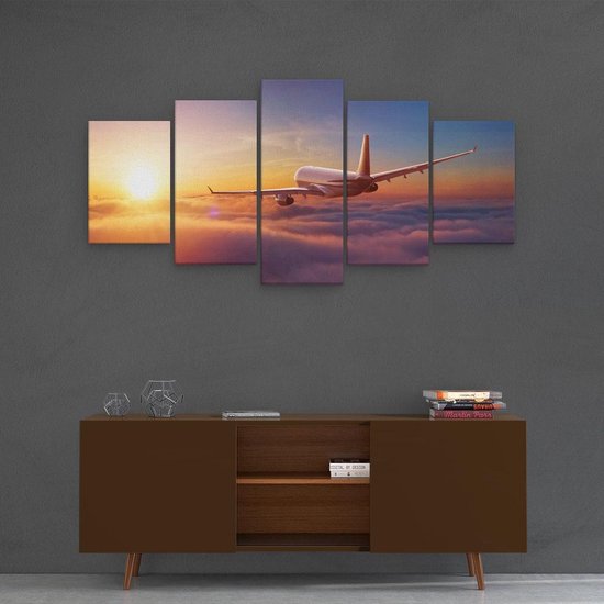 Pentaptyque Artaza - Peinture sur toile - Avion dans les nuages au coucher du soleil - 100x50 - Photo sur toile - Impression sur toile