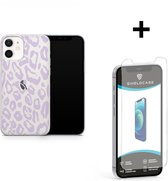 ShieldCase Panther Pattern geschikt voor Apple iPhone 12 / 12 Pro hoesje - transparant/lila + glazen Screen Protector