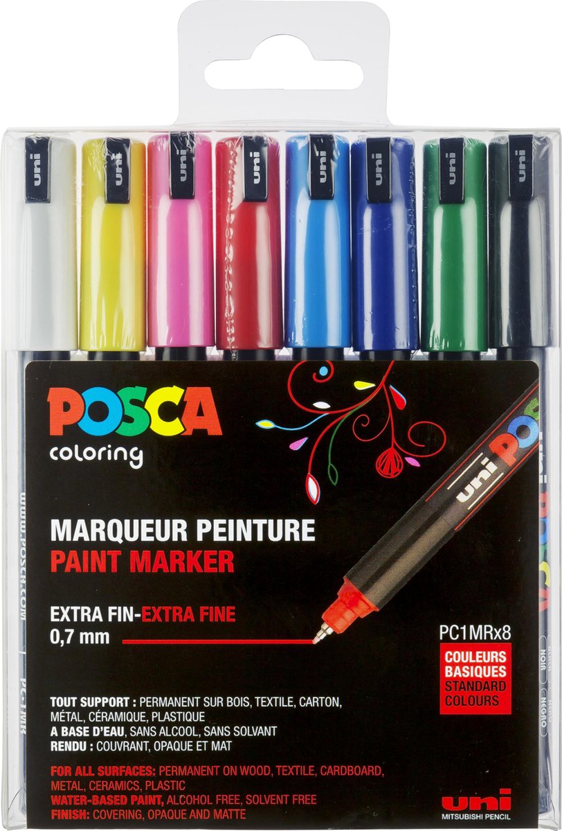 Krijtstift – Fineliner – Universele Marker – Standaard Kleuren – Uni Posca Marker – PC-1MR – 0,7mm – 8 stuks