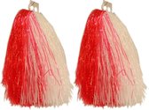 2x Stuks cheerball/pompom rood/wit met ringgreep 33 cm - Cheerleader verkleed accessoires