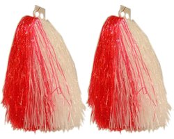 Cheerball/pompom - 2x - rood/wit - met ringgreep - 33 cm - pompons - Cheerleader verkleed accessoires