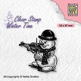 WT009 Nellie Snellen Clearstamp - winter time Smowman with violin - kerst stempel sneeuwman met viool - sneeuwpop winter muziek