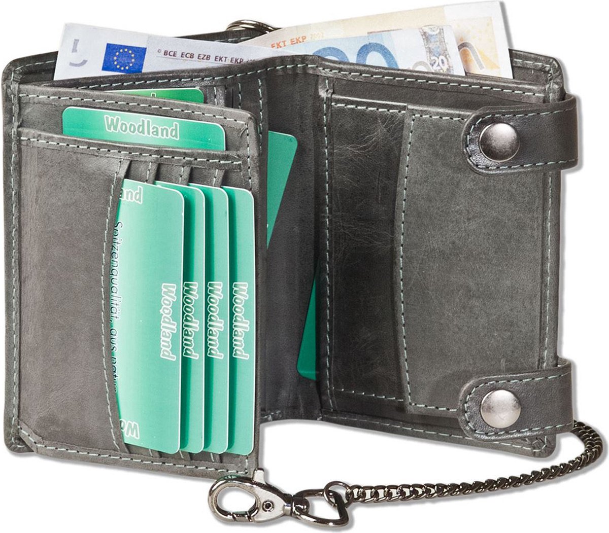 Woodland Biker portemonnee met ketting RFID | Echt Leer | Grijs