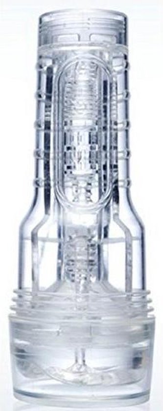 Transparante masturbator met ribbels en interne structuur, op witte achtergrond.