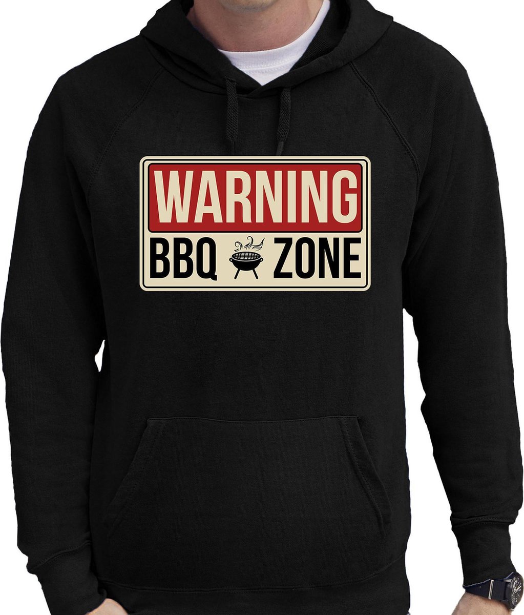 Warning bbq zone barbecue hoodie zwart - cadeau sweater met capuchon voor heren - verjaardag / vaderdag kado M