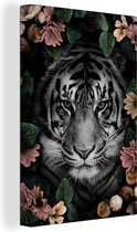 Schilderij tijger - Tijger - Close up - Zwart-wit - Bloemen - Bladeren - Tijger canvas - Foto op canvas - Wanddecoratie - 80x120 cm