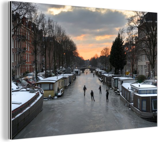 Wanddecoratie Metaal - Aluminium Schilderij - Amsterdam - Schaatsen - Winter - Dibond