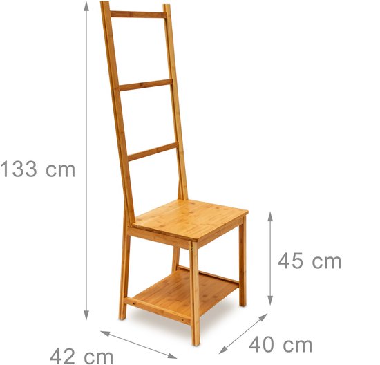 Relaxdays Dressboy Stoel – Bamboe Kledingstoel Met Plank & 3 Stangen – Multifunctioneel Als Handdoekenrek (133x40x42 Cm)