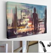 Colorful abstract seascape oil painting. Silhouette of woman, surreal landscape artwork in contemporary style. Modern fantasy art, beautiful scenery illustration. - Modern Art Canv