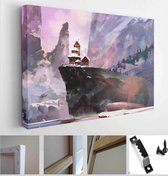 Painted winter landscape with a house on a cliff - Modern Art Canvas - Horizontal - 780819616 - 50*40 Horizontal
