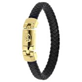 Lucardi Heren Armband zwart leer en plated sluiting - Leer - Armband - Cadeau - Vaderdag - 22 cm - Goudkleurig