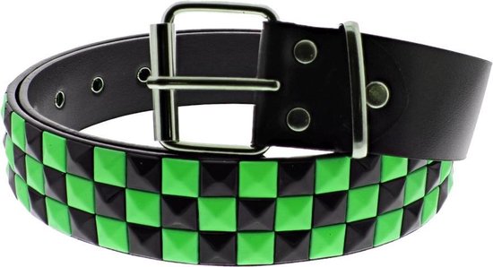 Zac's Alter Ego Riem Bicolour Chessboard 3 row Pyramid Studded Zwart/Groen