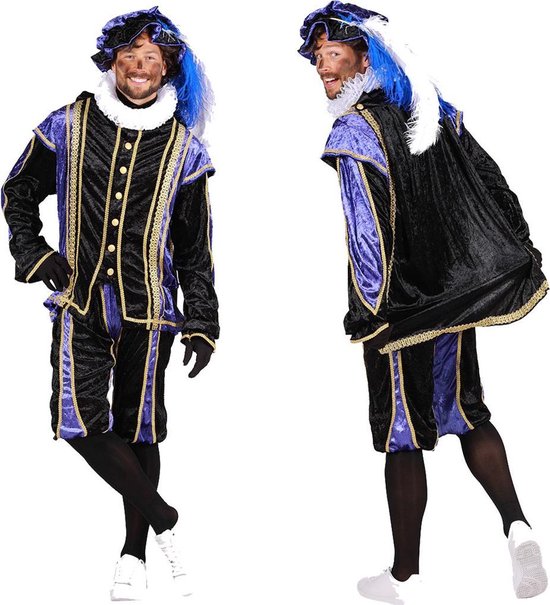 Compleet Piet kostuum met paarse fluwelen accenten, zwarte cape en gouden details. Met hoed met blauwe en witte veren.