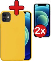 Hoesje Geschikt voor iPhone 12 Hoesje Siliconen Case Hoes Met 2x Screenprotector - Hoes Geschikt voor iPhone 12 Hoes Cover Case - Geel
