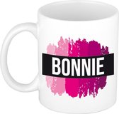 Bonnie  naam cadeau mok / beker met roze verfstrepen - Cadeau collega/ moederdag/ verjaardag of als persoonlijke mok werknemers