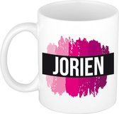 Jorien  naam cadeau mok / beker met roze verfstrepen - Cadeau collega/ moederdag/ verjaardag of als persoonlijke mok werknemers