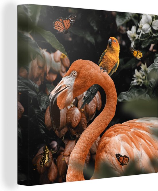 Tableau Peinture Flamingo Rose - Jungle - Perroquet - 90x90 cm - Décoration murale
