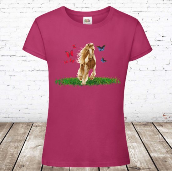T shirt paard met vlinders -Fruit of the Loom-158/164-t-shirts meisjes
