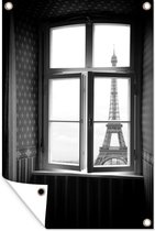 Muurdecoratie Uitzicht op de Eiffeltoren in Parijs - zwart wit - 120x180 cm - Tuinposter - Tuindoek - Buitenposter