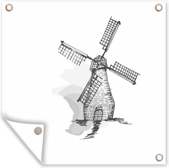 Tuin decoratie Getekende windmolen in Nederland - zwart wit - 40x30 cm - Tuindoek - Buitenposter