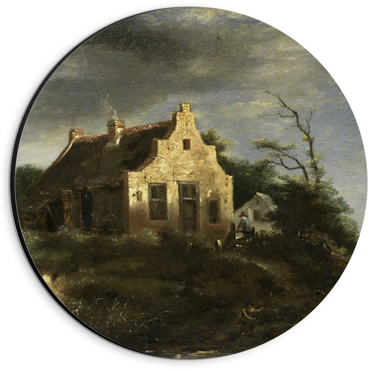 KuijsFotoprint Dibond Wandcirkel - Oude Meesters - Boerenhuis in duinlandschap, Jacob Isaacksz v Ruisdael - 20x20cm Foto op Aluminium Wandcirkel (met ophangsysteem) Groen