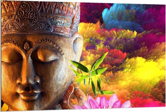 Dibond - Boeddha met Achtergrond van Gekleurde Bloemen - 120x80cm Foto op Aluminium (Wanddecoratie van metaal)