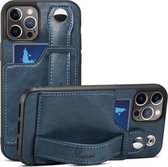 TPU + PU lederen schokbestendige beschermhoes met kaartsleuven en draagriem voor iPhone 13 mini (blauw)