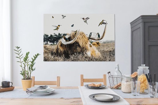 Peintures sur toile Scottish Highlander - Vogel - Bruyère - 120x80 cm - Décoration murale
