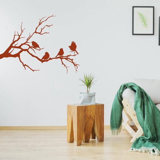 Muursticker Vogels Op Tak - Bruin - 100 x 75 cm - slaapkamer woonkamer alle