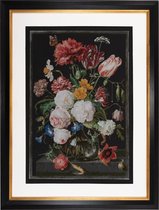 Thea Gouverneur - Borduurpakket met telpatroon - 785.05 - Voorgesorteerde DMC Garens - Stilleven met bloemen in een glazen vaas. Jan Davidsz. de Heem. 1650 - 1683 - Zwart Aida 7 kr