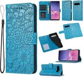 Voor Samsung Galaxy S10 + Huid Voelen Reliëf Zonnebloem Horizontale Flip Lederen Case met Houder & Kaartsleuven & Portemonnee & Lanyard (Blauw)