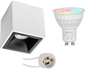 Mi-Light MiBoxer - Opbouwspot Set GU10 - Smart LED - Wifi LED - Slimme LED - 4W - RGB+CCT - Aanpasbare Kleur - Dimbaar - Pragmi Cliron Pro - Opbouw Vierkant - Mat Wit/Zwart - Verdiept - 90mm