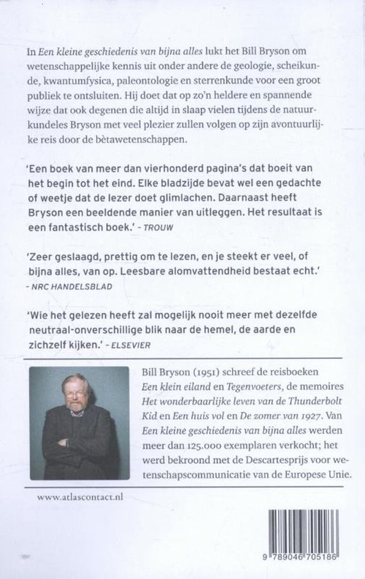 Dos du livre "Une brève histoire de presque tout" avec une photo de l'auteur Bill Bryson et des critiques.