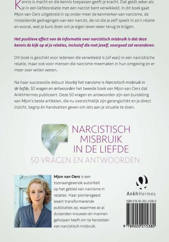 Boekcover 'Narcistisch misbruik in de liefde' met Mjon van Oers, tekst en ISBN.