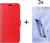 Oppo Reno5 - Bookcase Rood - portemonee hoesje met 3 stuk Glas Screen protector