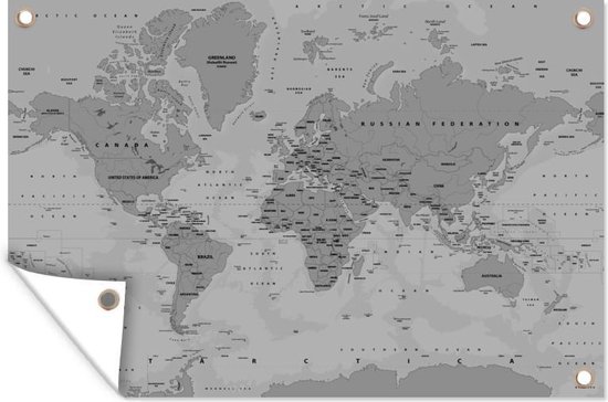 Tuindecoratie Abstracte wereldkaart met schaduwen - zwart wit - 60x40 cm - Tuinposter - Tuindoek - Buitenposter
