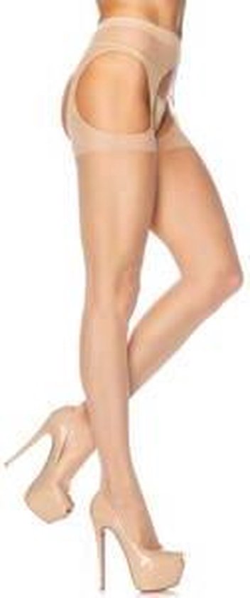 Nude panty met open kruis, hoge taille en jarretel-effect. Model draagt hoge hakken.