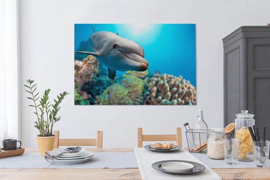 Canvas schilderij 120x80 cm - Wanddecoratie Dolfijn - Zee - Koraal - Muurdecoratie woonkamer - Slaapkamer decoratie - Kamer accessoires - Schilderijen op canvas