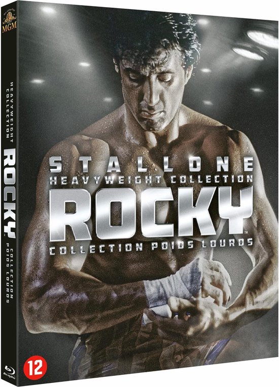 Rocky Heavyweight Collection Blu-ray hoes met Sylvester Stallone op de voorkant en zijkant. 12-rating zichtbaar.