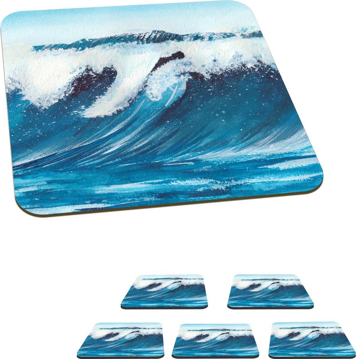 Onderzetters voor glazen - Golf - Zee - Waterverf - 10x10 cm - Glasonderzetters - 6 stuks