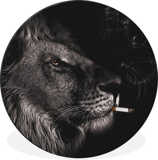 WallCircle - Wandcirkel - Muurcirkel - Leeuw - Roken - Zwart - Wit - Aluminium - Dibond - ⌀ 90 cm - Binnen en Buiten