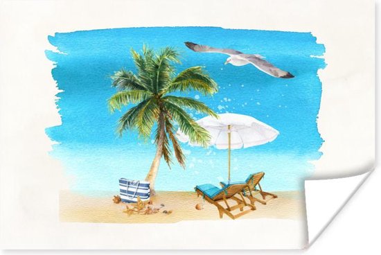 Poster Chaise de plage - Parasol - Palmiers - Plage - 90x60 cm