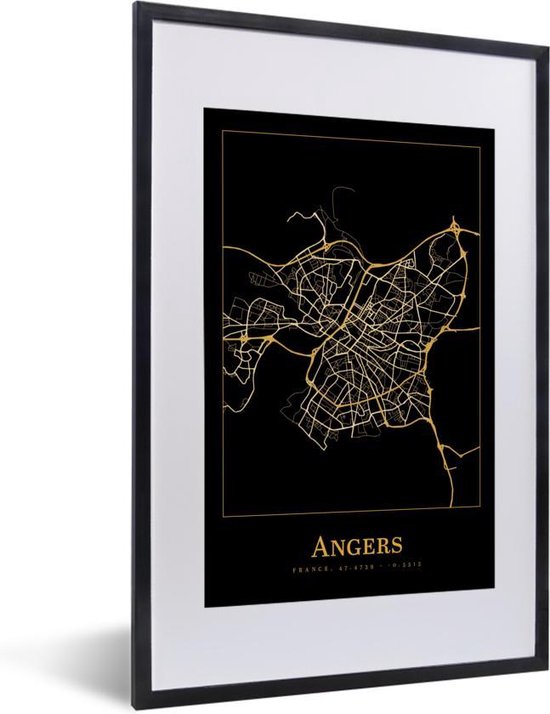 Fotolijst incl. Poster - Kaart - Angers - Frankrijk - Goud - Zwart - 40x60 cm - Posterlijst