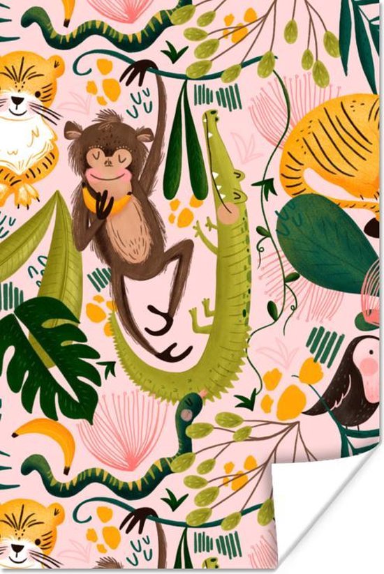 Poster Jungle - Planten - Dieren - Roze
