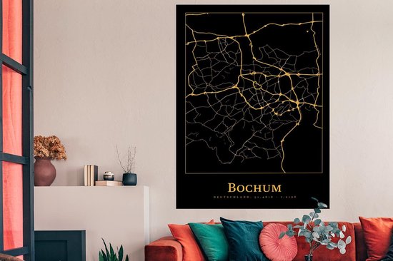 Poster 120x180 cm - Kaart - Bochum - Goud - Zwart - Posters - Kamer decoratie - Wanddecoratie woonkamer - Muurdecoratie slaapkamer XXL