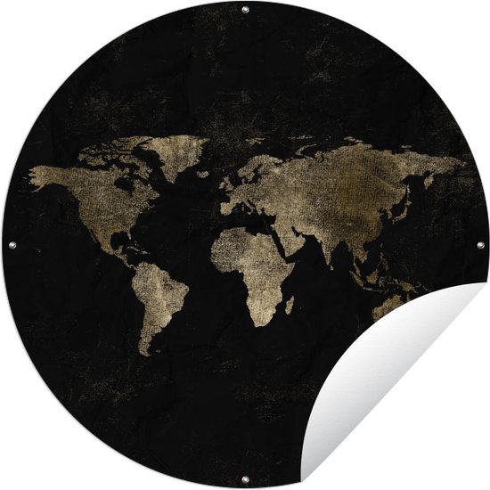 Tuincirkel Wereldkaart - Zwart - Goud - 150x150 cm - Ronde Tuinposter - Buiten