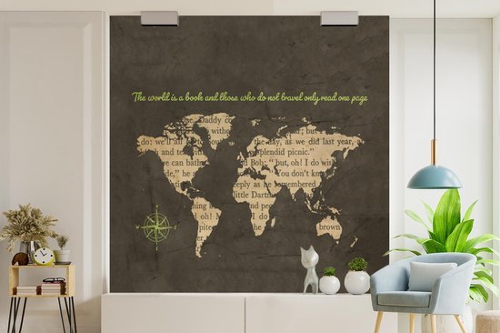 Behang - Fotobehang Wereldkaart - Letters - Windroos - Breedte 280 cm x hoogte 280 cm
